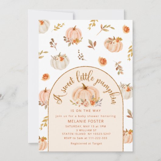甘い小さなカボチャが赤ちゃんシャワーの途中にある 招待状 (正面)