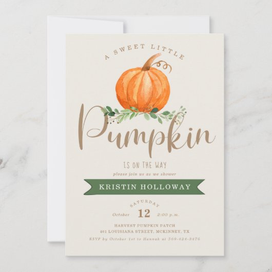 甘い小さなカボチャが赤ちゃんシャワーの途中にある 招待状 (正面)