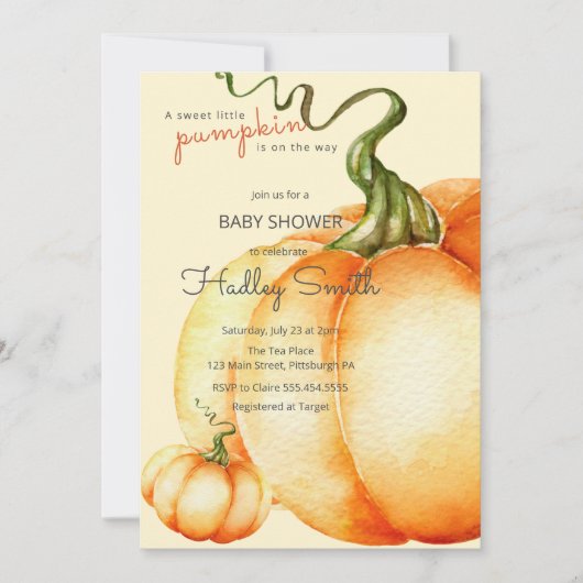 甘い小さなカボチャが赤ちゃんシャワーの途中にある 招待状 (正面)