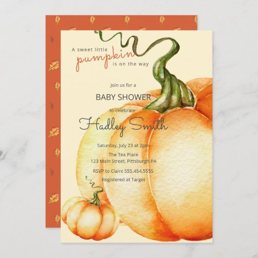 甘い小さなカボチャが赤ちゃんシャワーの途中にある 招待状 (正面/裏面)