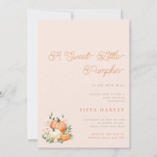 甘い小さなカボチャのピンクとオレンジの赤ちゃんシャワー 招待状 (正面)