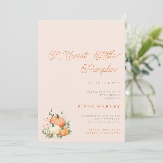 甘い小さなカボチャのピンクとオレンジの赤ちゃんシャワー 招待状 (スタンド正面)