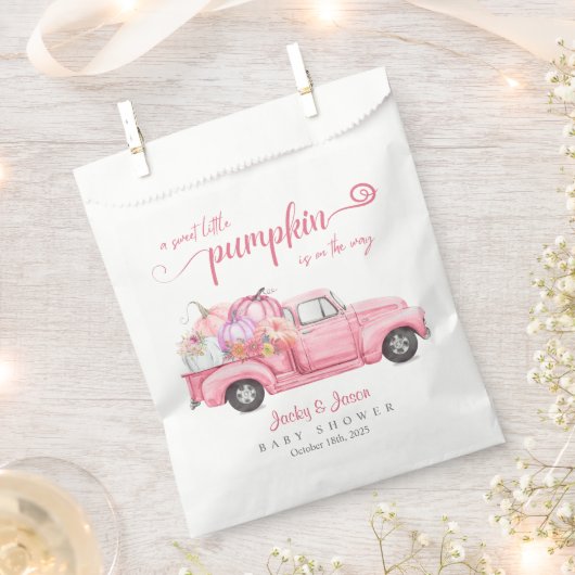 甘い小さなカボチャのピンクの女の子ベビーシャワー フェイバーバッグ (クリップ留めされた状態)