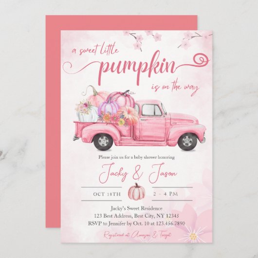 甘い小さなカボチャのピンクの女の子ベビーシャワー 招待状 (正面/裏面)