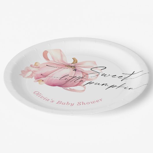 甘い小さなカボチャのピンクの弓の赤ちゃんシャワー ペーパープレート (アングル)