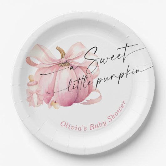 甘い小さなカボチャのピンクの弓の赤ちゃんシャワー ペーパープレート (正面)
