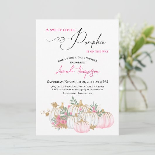 甘い小さなカボチャのピンクの緑の赤ちゃんシャワー 招待状 (スタンド正面)