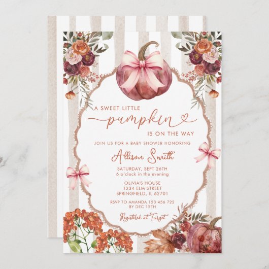 甘い小さなカボチャのマルサラ弓の赤ちゃんシャワー 招待状 (正面/裏面)