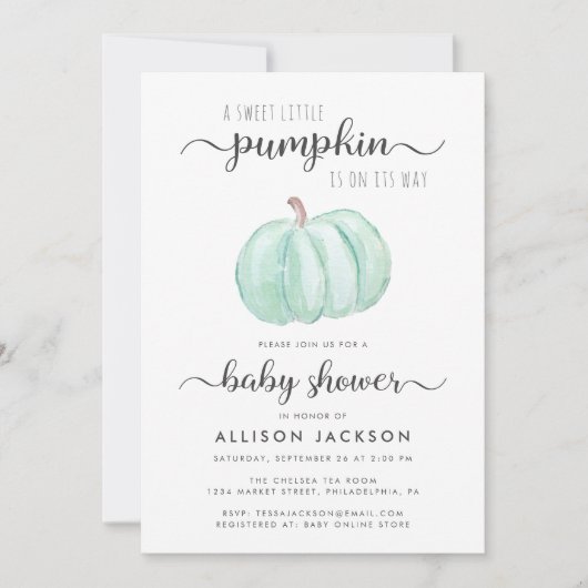甘い小さなカボチャのミントウォーター色ベビーシャワー 招待状 (正面)