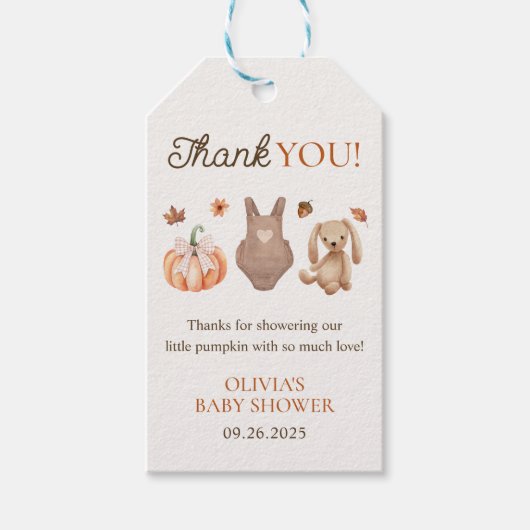 甘い小さなカボチャの秋の赤ちゃんシャワーのお願い ギフトタグ (正面)