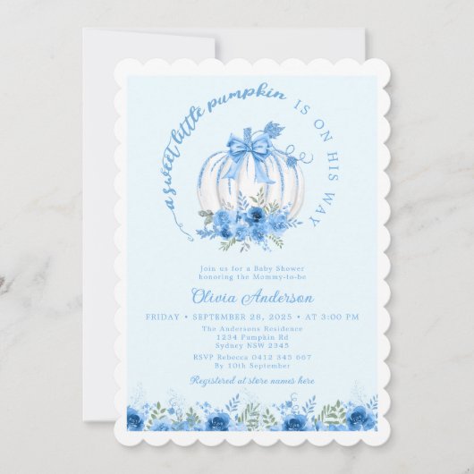 甘い小さなカボチャは青い赤ちゃんシャワーを弓 招待状 (正面)