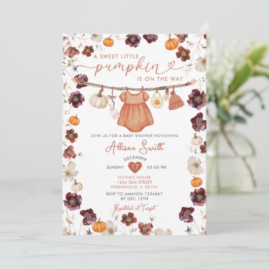 甘い小さなカボチャBoho赤ちゃん服ベビーシャワー 招待状 (スタンド正面)