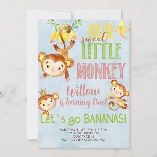 甘い小さなサル任意の年齢の女の子の誕生日招待状。 招待状 (正面)