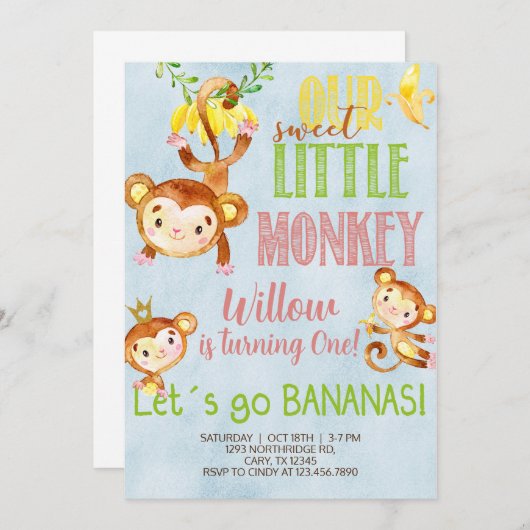 甘い小さなサル任意の年齢の女の子の誕生日招待状。 招待状 (正面/裏面)