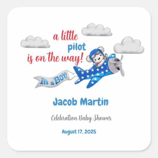 甘い小さなテディベアの空の赤ちゃんシャワー スクエアシール (正面)