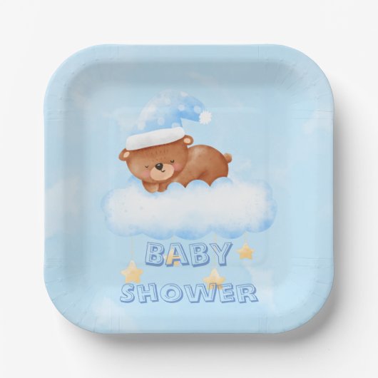 甘い小さなテディベア男の子の赤ちゃんシャワー ペーパープレート (正面)