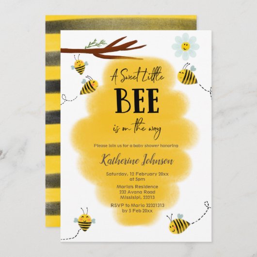 甘い小さなハチが赤ちゃんシャワーの途中にある 招待状 (正面/裏面)