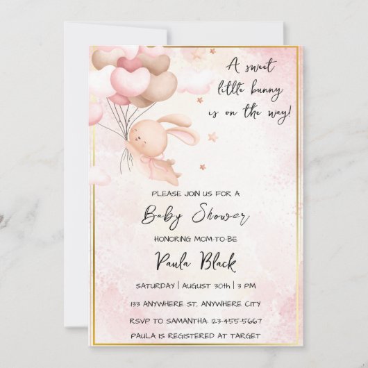 甘い小さなバニーが赤ちゃんシャワーの途中にある 招待状 (正面)