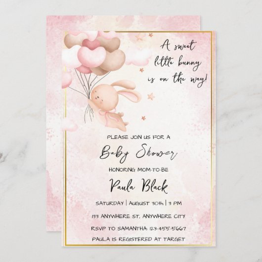 甘い小さなバニーが赤ちゃんシャワーの途中にある 招待状 (正面/裏面)