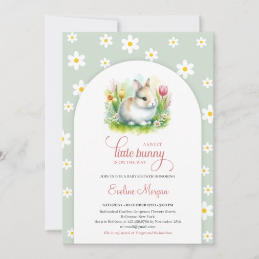 甘い小さなバニーとデイジーセージのピンクのベビー 招待状 (正面)