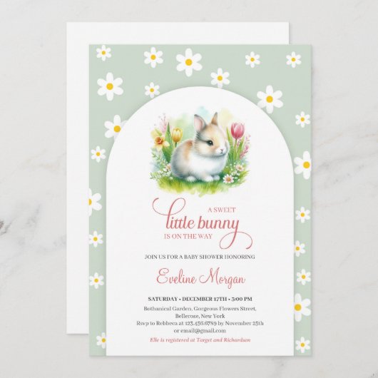 甘い小さなバニーとデイジーセージのピンクのベビー 招待状 (正面/裏面)