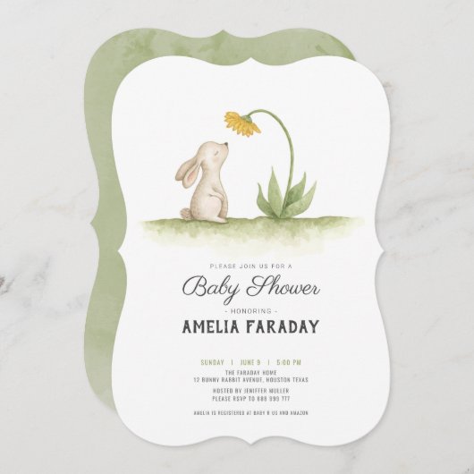 甘い小さなバニーのウサギの赤ちゃんシャワー 招待状 (正面/裏面)