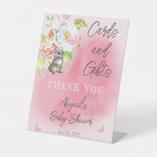甘い小さなバニーの赤ちゃんシャワーカードとギフト 台座サイン (正面)
