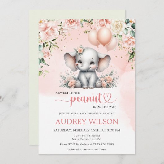 甘い小さなピーナッツエレファントベビーガールベビーシャワー 招待状 (正面/裏面)
