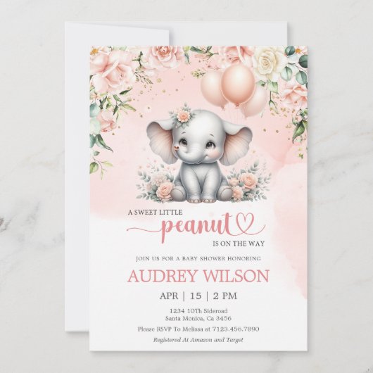 甘い小さなピーナッツ象の赤ちゃんシャワー 招待状 (正面)
