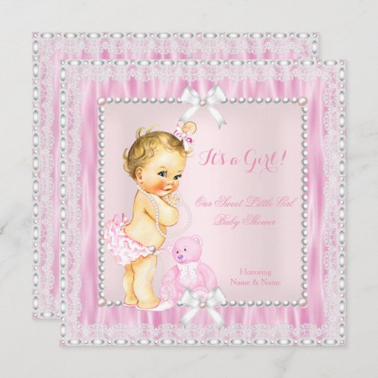 甘い小さなブロンド女の子ベビーシャワーパールレース 招待状 (正面/裏面)