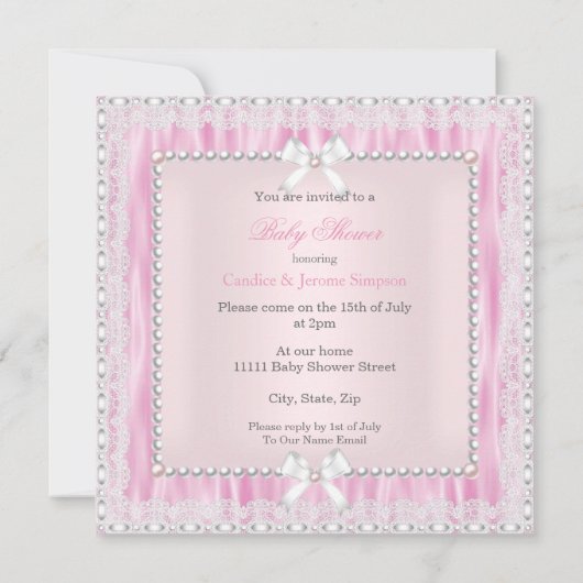 甘い小さなブロンド女の子ベビーシャワーパールレース 招待状 (裏面)