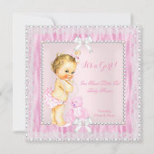 甘い小さなブロンド女の子ベビーシャワーパールレース 招待状 (正面)