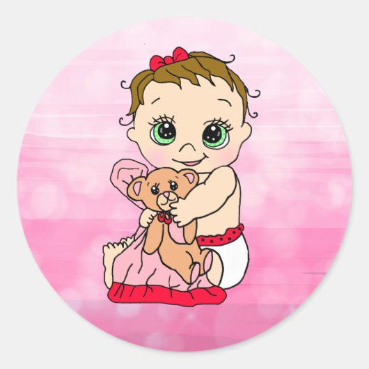 甘い小さなベビーとテディベアピンクと赤 ラウンドシール (正面)