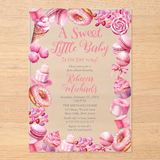 甘い小さなベビーキャンディフレーム女の子ベビーシャワー アクリル招待状 (正面)