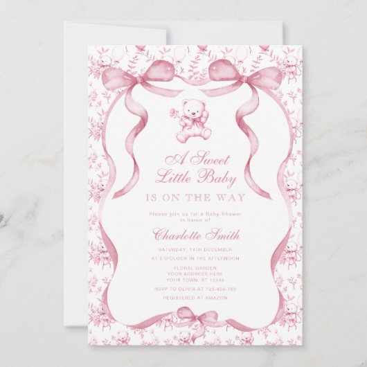 甘い小さなベビークマのピンクの赤ちゃんシャワー 招待状 (正面)