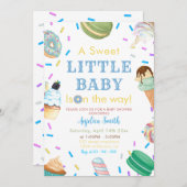 甘い小さなベビードーナツブルーデザートベビーシャワー 招待状 (正面/裏面)