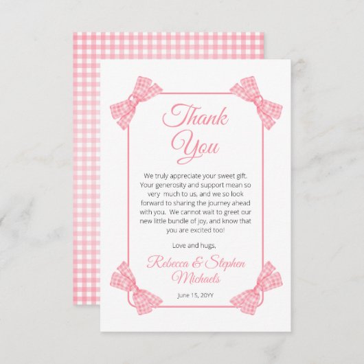 甘い小さなベビーピンク弓ガールベビーシャワー サンキューカード (正面/裏面)