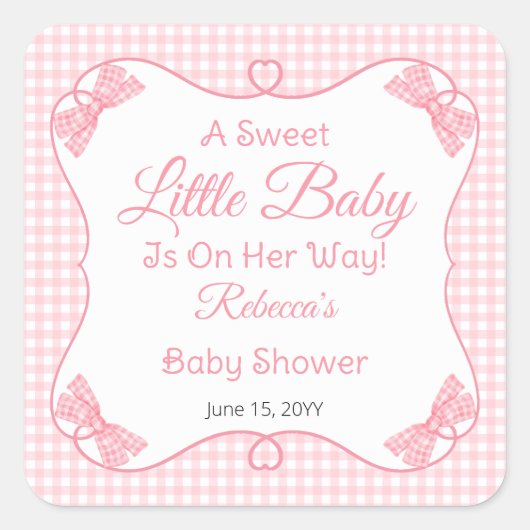 甘い小さなベビーピンク弓ガールベビーシャワー スクエアシール (正面)