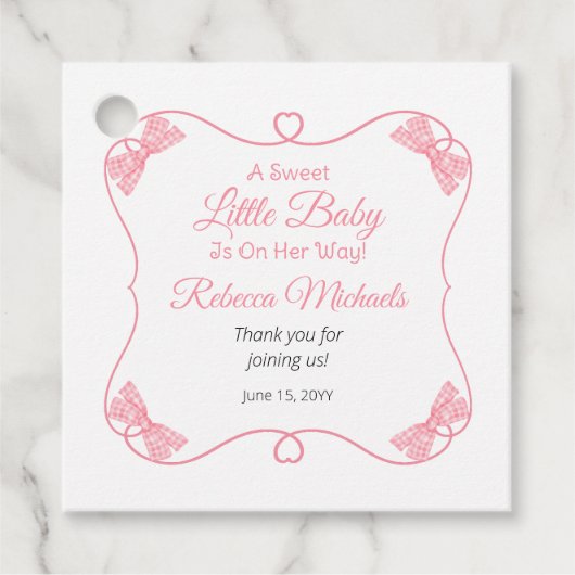 甘い小さなベビーピンク弓ガールベビーシャワー フェイバータグ (正面)