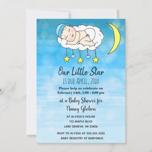 甘い小さなベビーブルーの星と月の男の子 招待状 (正面)