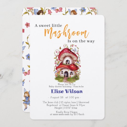 甘い小さなマッシュルームの妖精が途中にある 招待状 (正面/裏面)