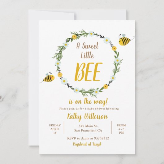 甘い小さなミツバチが赤ちゃんのシャワーを途中にある 招待状 (正面)