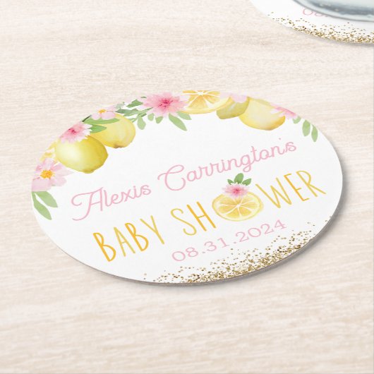 甘い小さなレモンの赤ちゃんシャワー ラウンドペーパーコースター (アングル)