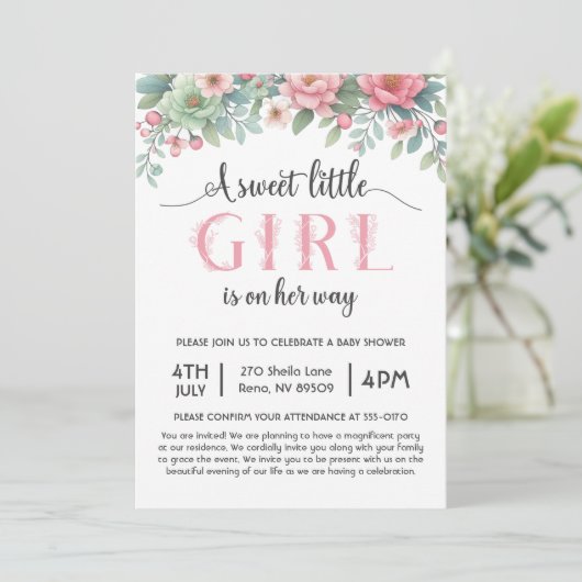 甘い小さな女の子が赤ちゃんシャワーを浴びる 招待状 (スタンド正面)