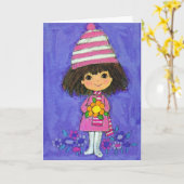 甘い小さな女の子とデイジー誕生日カード カード (黄色い花)