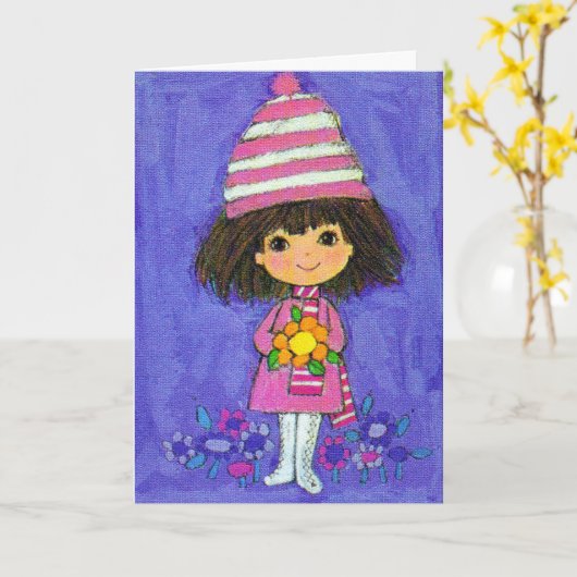 甘い小さな女の子とデイジー誕生日カード カード (黄色い花)