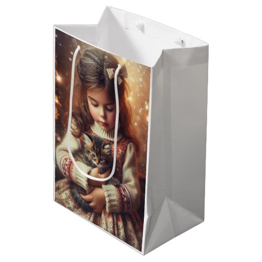 甘い小さな女の子と子猫のクリスマス ミディアムペーパーバッグ (正面アングル)