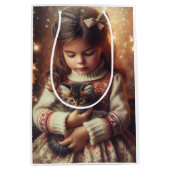 甘い小さな女の子と子猫のクリスマス ミディアムペーパーバッグ (正面)