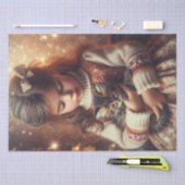 甘い小さな女の子と子猫のクリスマス 薄葉紙 (クラフト)