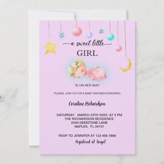 甘い小さな女の子のベビーシャワー 招待状 (正面)